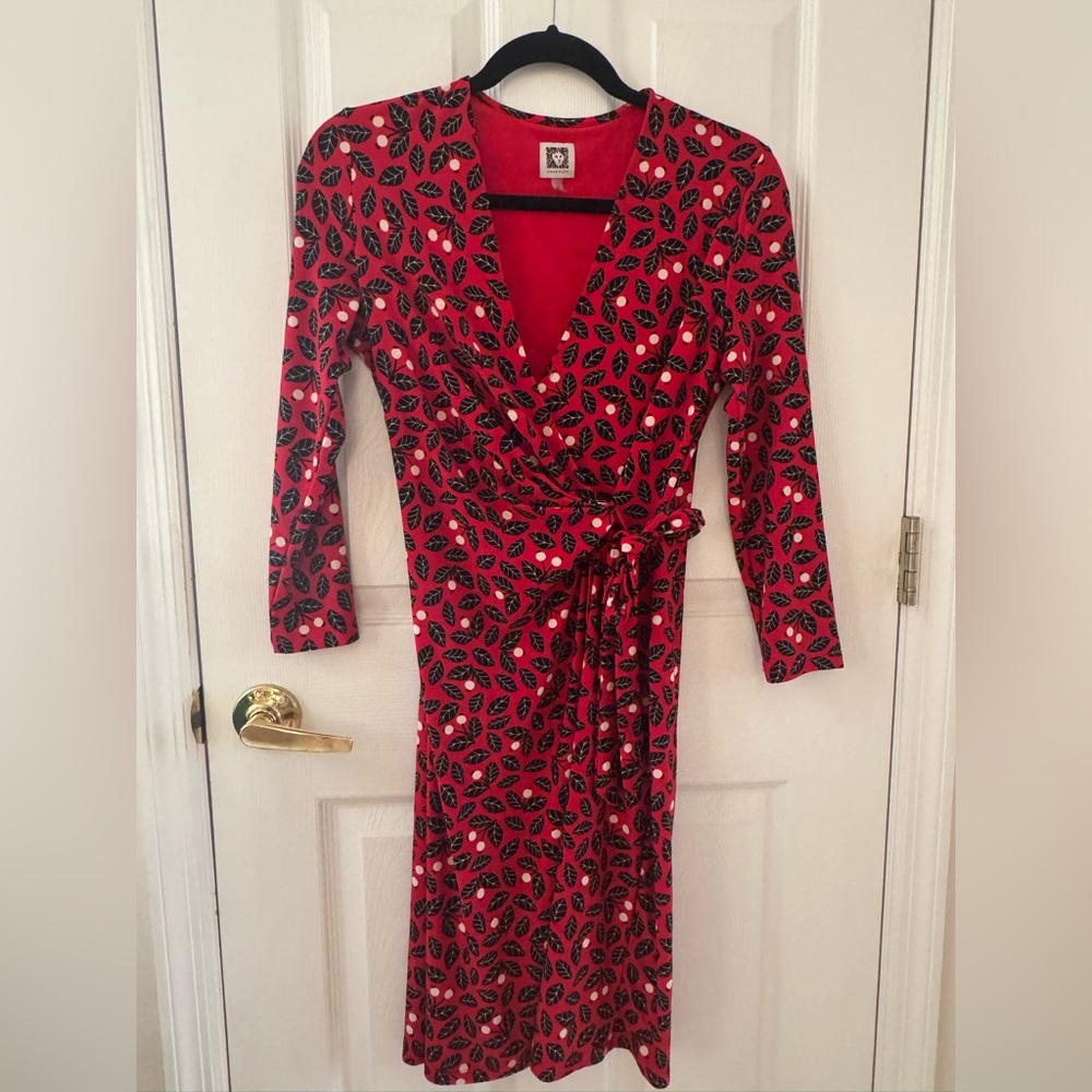 Anne Klein Red and Black Leaf Print Long Sleeve Dress